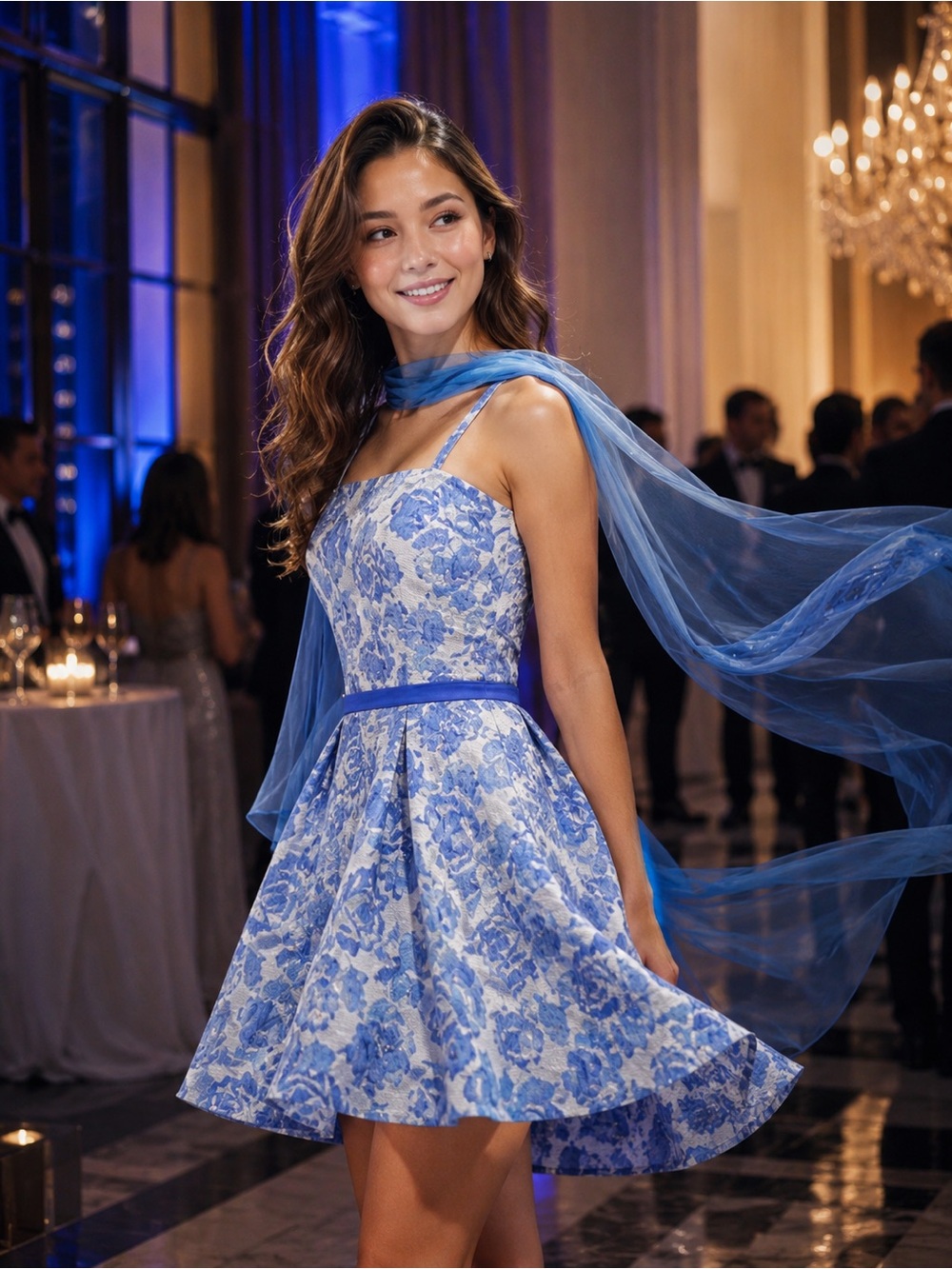 New: Milano Formals Blue and White Floral Mini Dress/Gowns/Prom